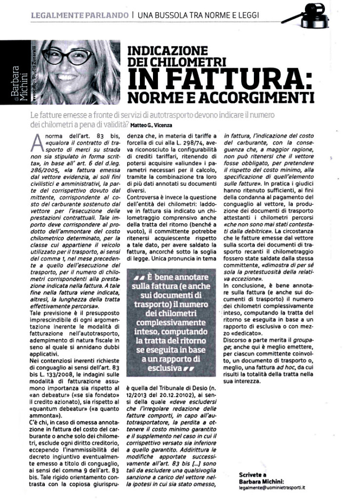 Normativa - chilometri in fattura